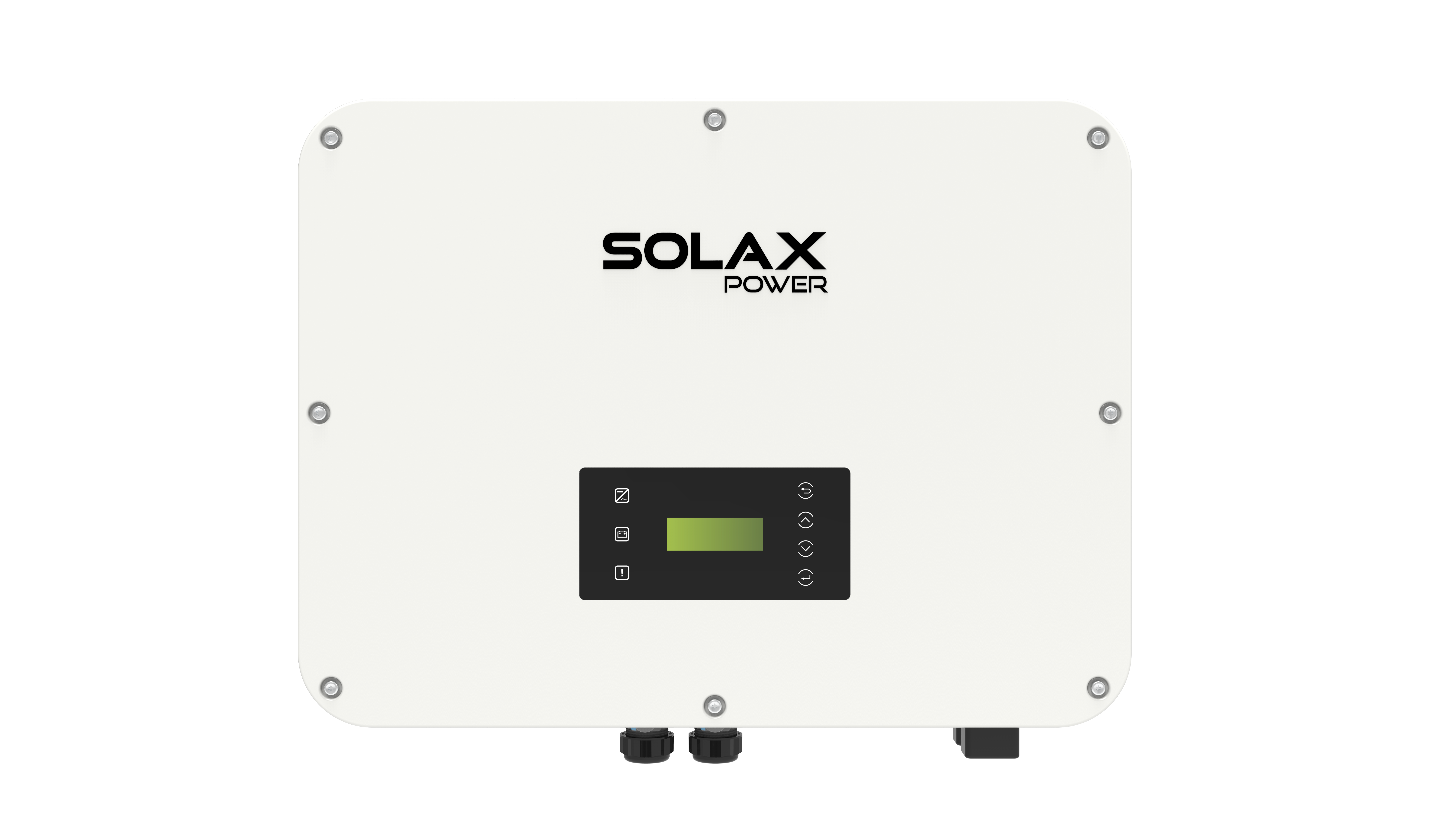Solax Power Wechselrichter mit digitalem Display und mehreren Anschlüssen, geeignet für Solaranlagen.