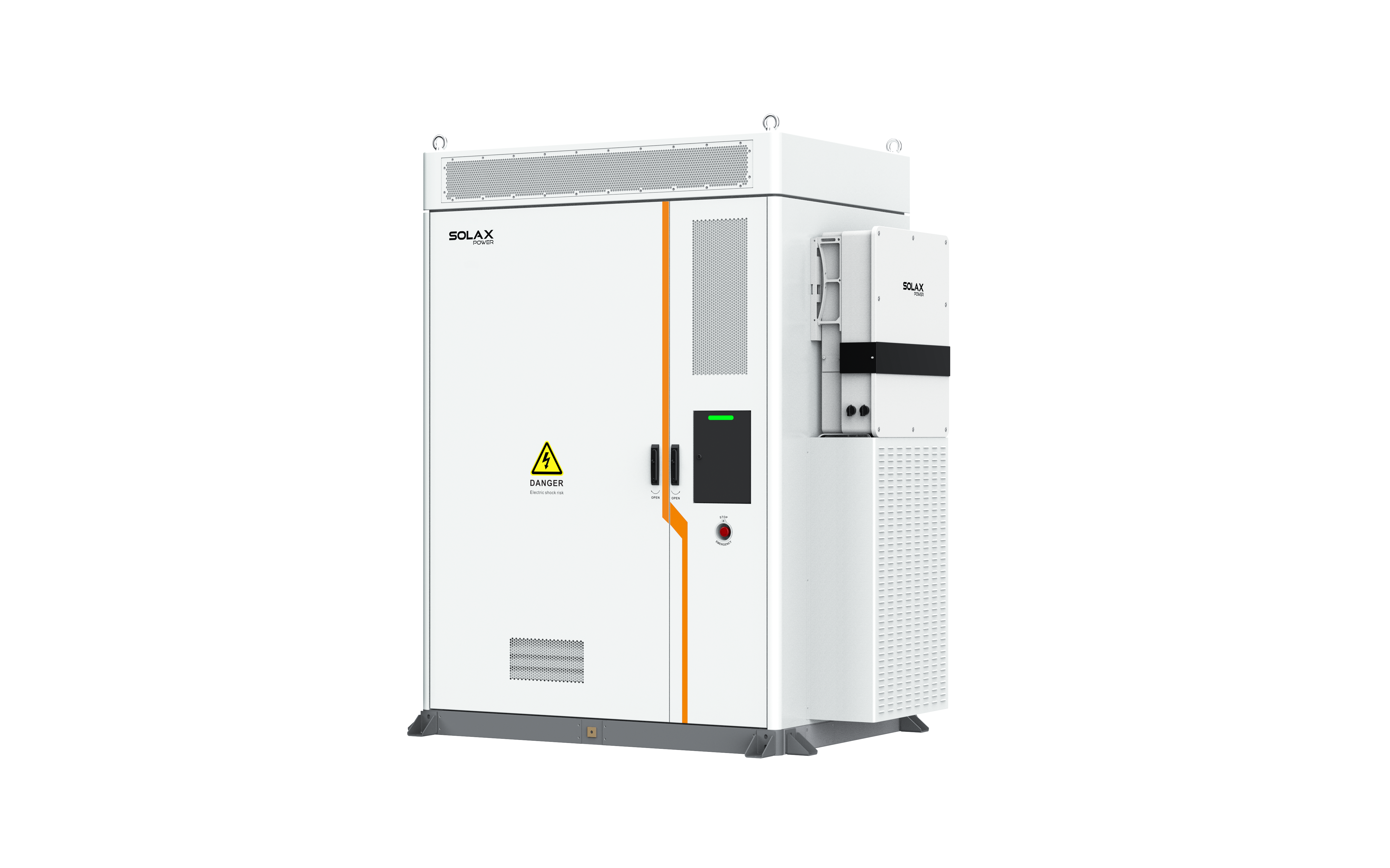 Solax Aelio 200kWh linke Seitenansicht, zeigt ein großes rechteckiges Gerät mit Lüftungsgitter und Kontrollpanel.