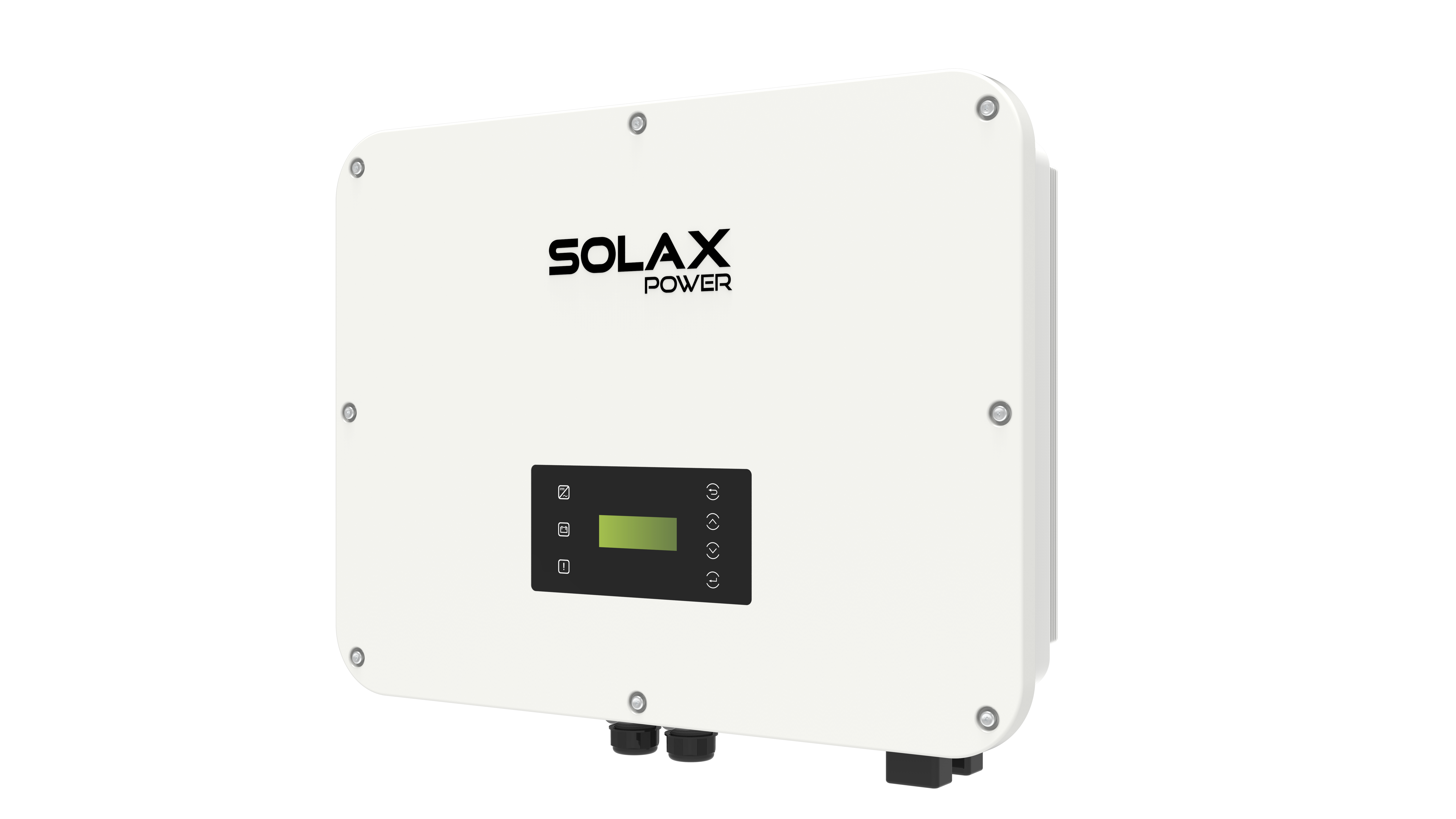 Ultra hybrid Wechselrichter Solax mit rechteckigem Display und mehreren Anschlüssen an der Unterseite.