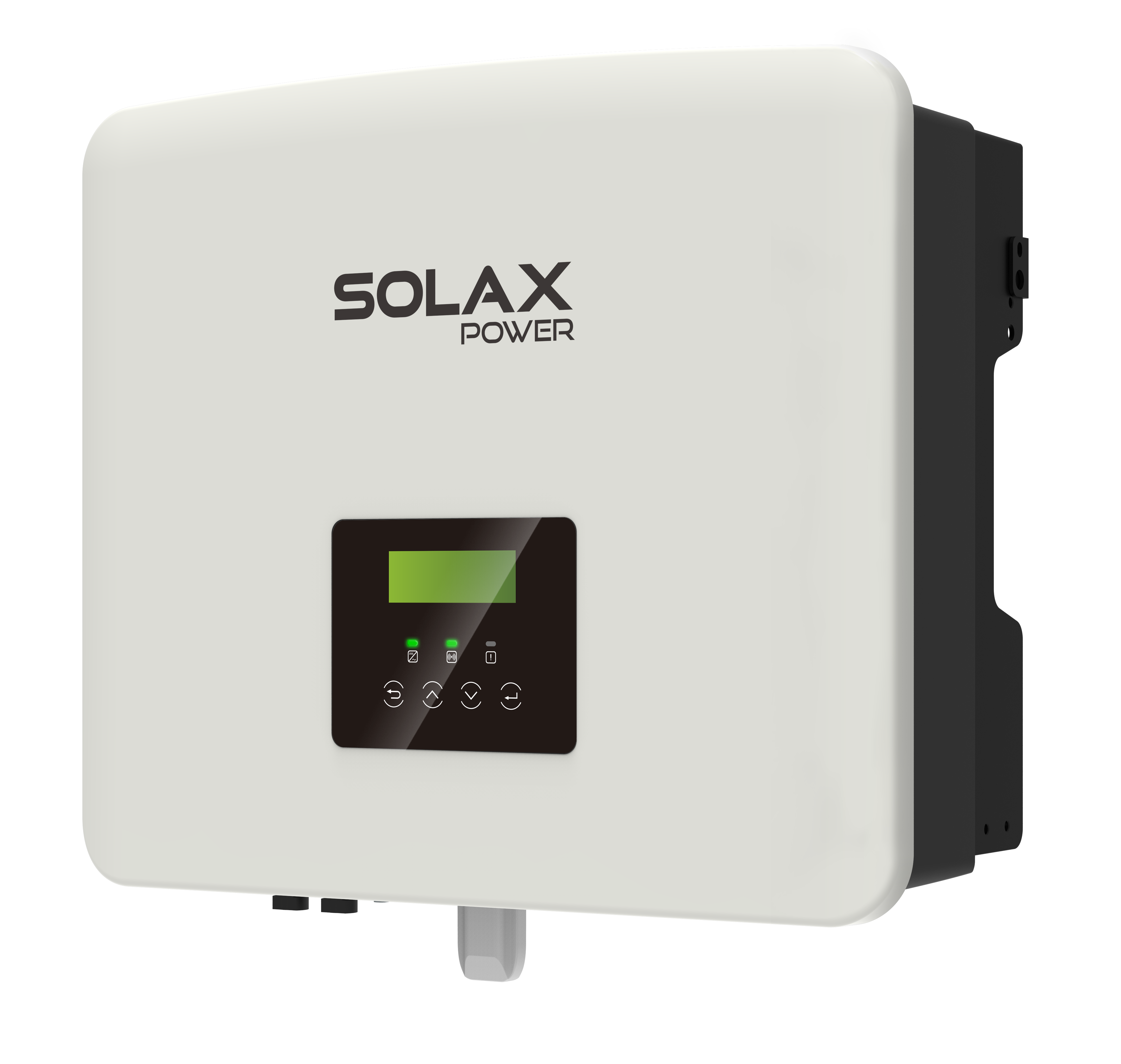 Solax X1-Hybrid G4 Inverter, Ansicht von rechts, zeigt das Frontpanel mit Display und Bedienknöpfen.