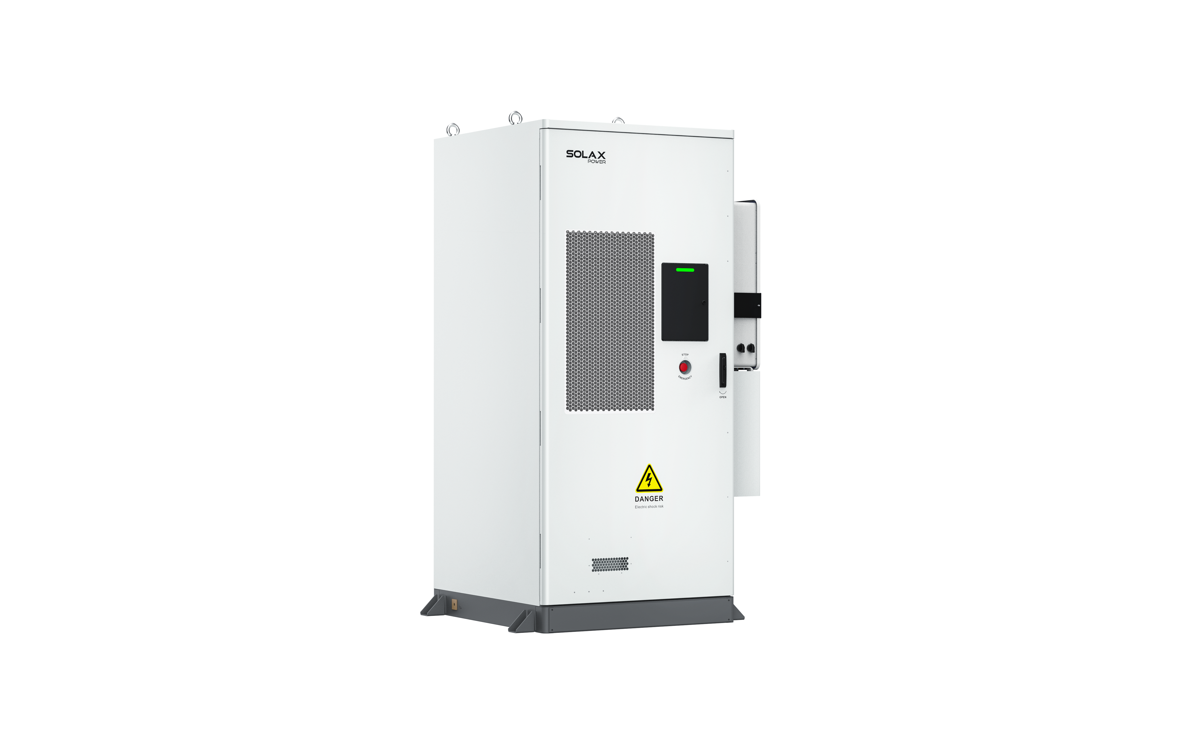 Solax Aelio 100kWh Batteriespeicher, rechte Frontansicht mit Lüftungsgitter, Display und Warnhinweis.