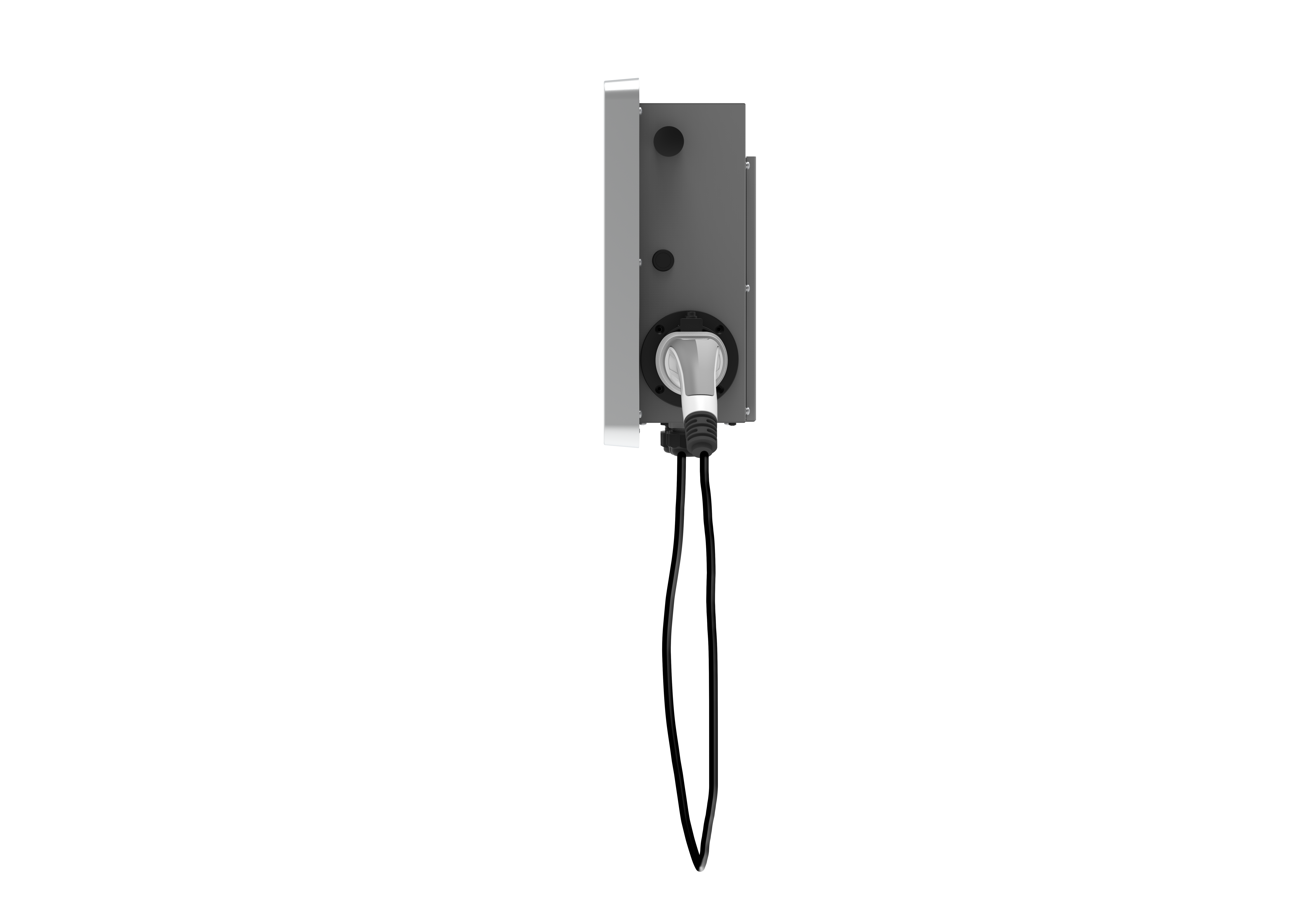 Solax Wallbox mit Kabel side: Wandladestation für Elektrofahrzeuge mit integriertem Ladekabel und Steckverbindung.