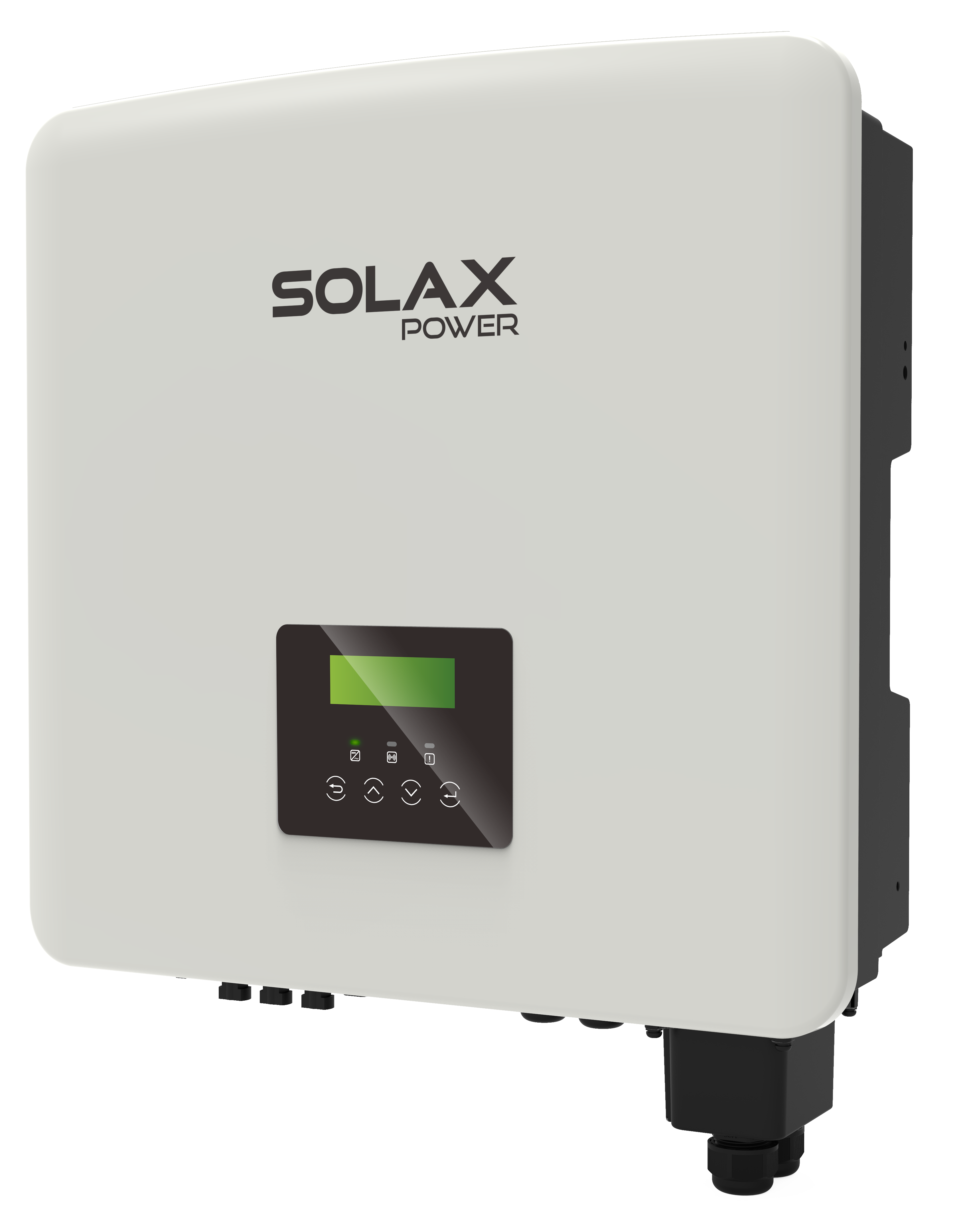 Solax Wechselrichter X3-Hybrid G4 Seitenansicht Solax Wechselrichter X3-Hybrid G4 Seitenansicht mit Display und Bedienelementen.