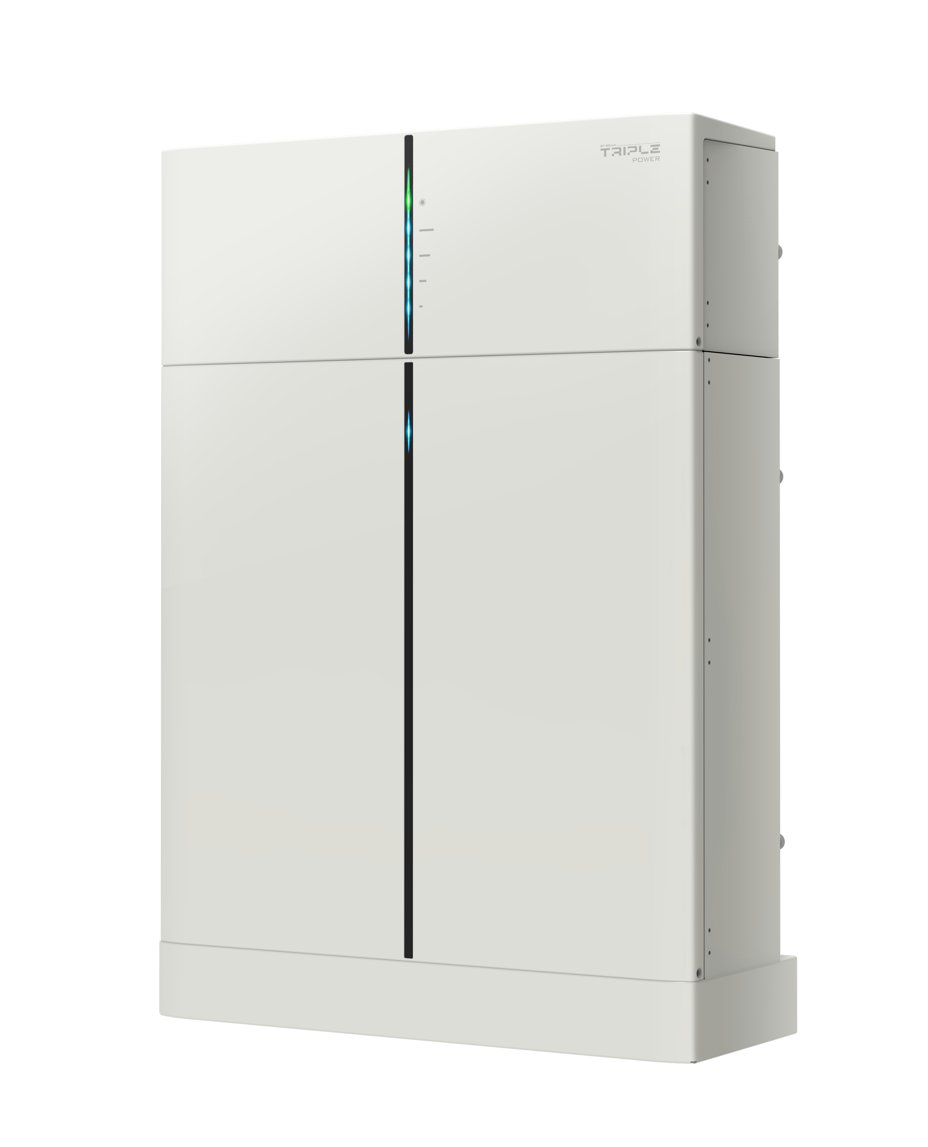 Solax 1 Batterie und BMS  T-Bat.30right Rechteckiges Batteriespeichersystem Solax 1 mit senkrechter LED-Anzeigeleiste auf der Vorderseite.
