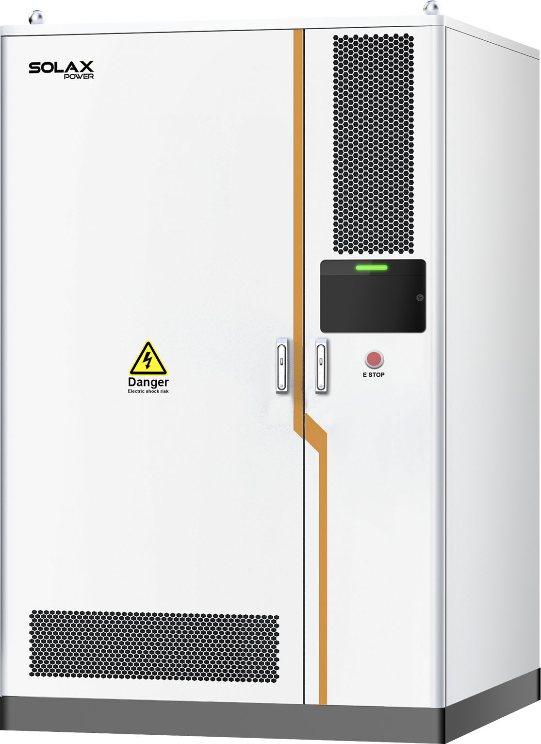 Solax TRENE--Liquid Cooling, ein großer rechteckiger Schrank mit Lüftungsgittern, Warnsymbol und Not-Aus-Taste.