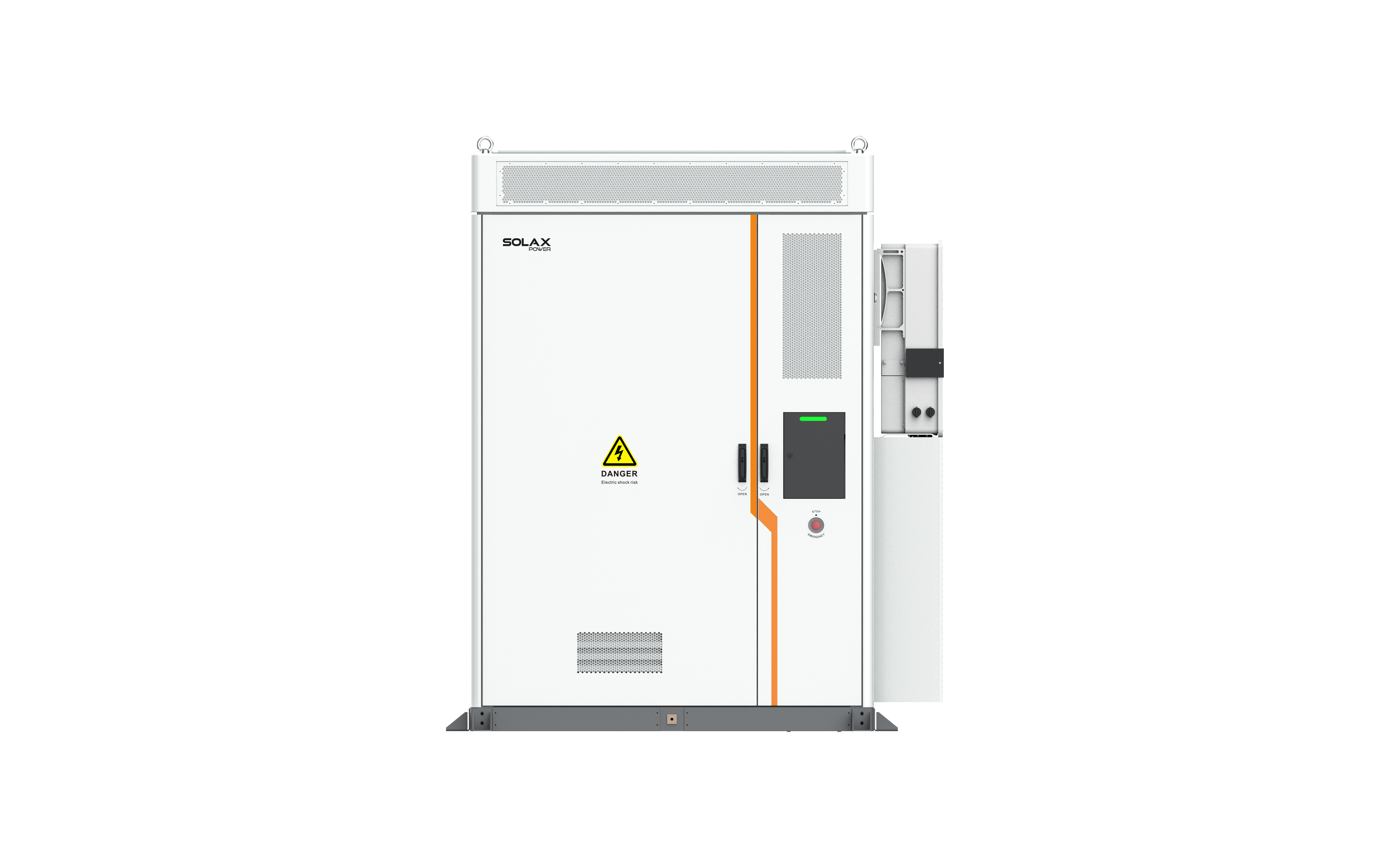 Solax Aelio 200kWh Frontalansicht Solax Aelio 200kWh Batteriespeicher, Frontalansicht mit Lüftungsgitter, Display und Bedientasten.