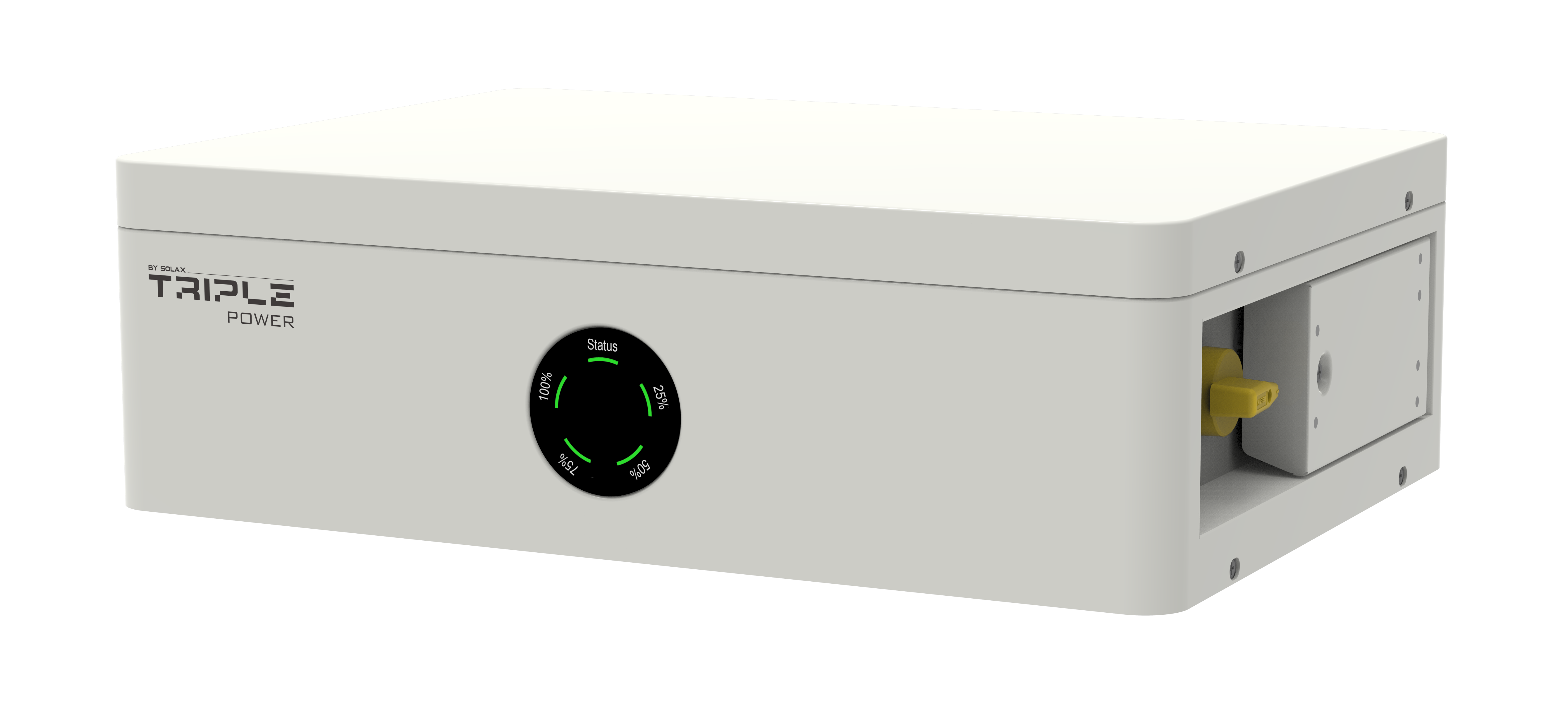 Solax BMS MC0800 T-Bat-SYS HV  2.5 u. 3.6 Solax BMS Triple Power Batteriespeicher mit LED-Statusanzeige auf der Vorderseite und Sicherheitsschalter an der Seite.
