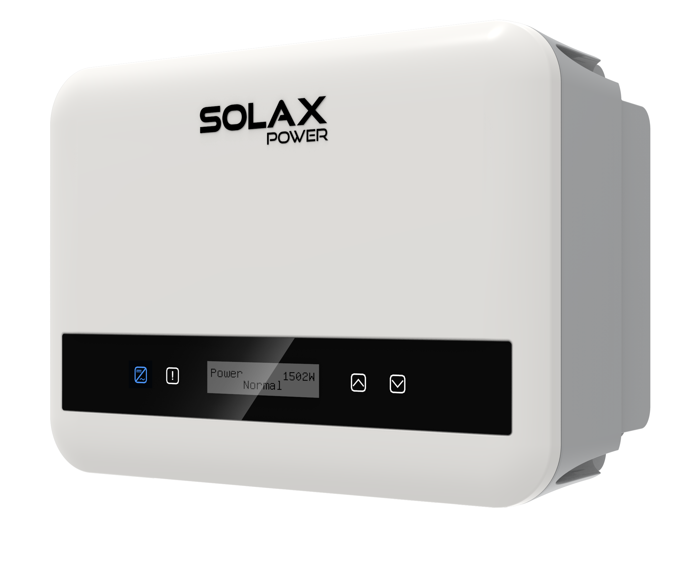 Solax X1 Mini G4 - Left 1.1 Wandmontierter Solax Power Wechselrichter mit digitalem Display und Bedienelementen.