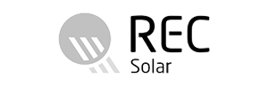 Logo von REC Solar mit stilisiertem Kreis und Schriftzug in Schwarz-Weiß.
