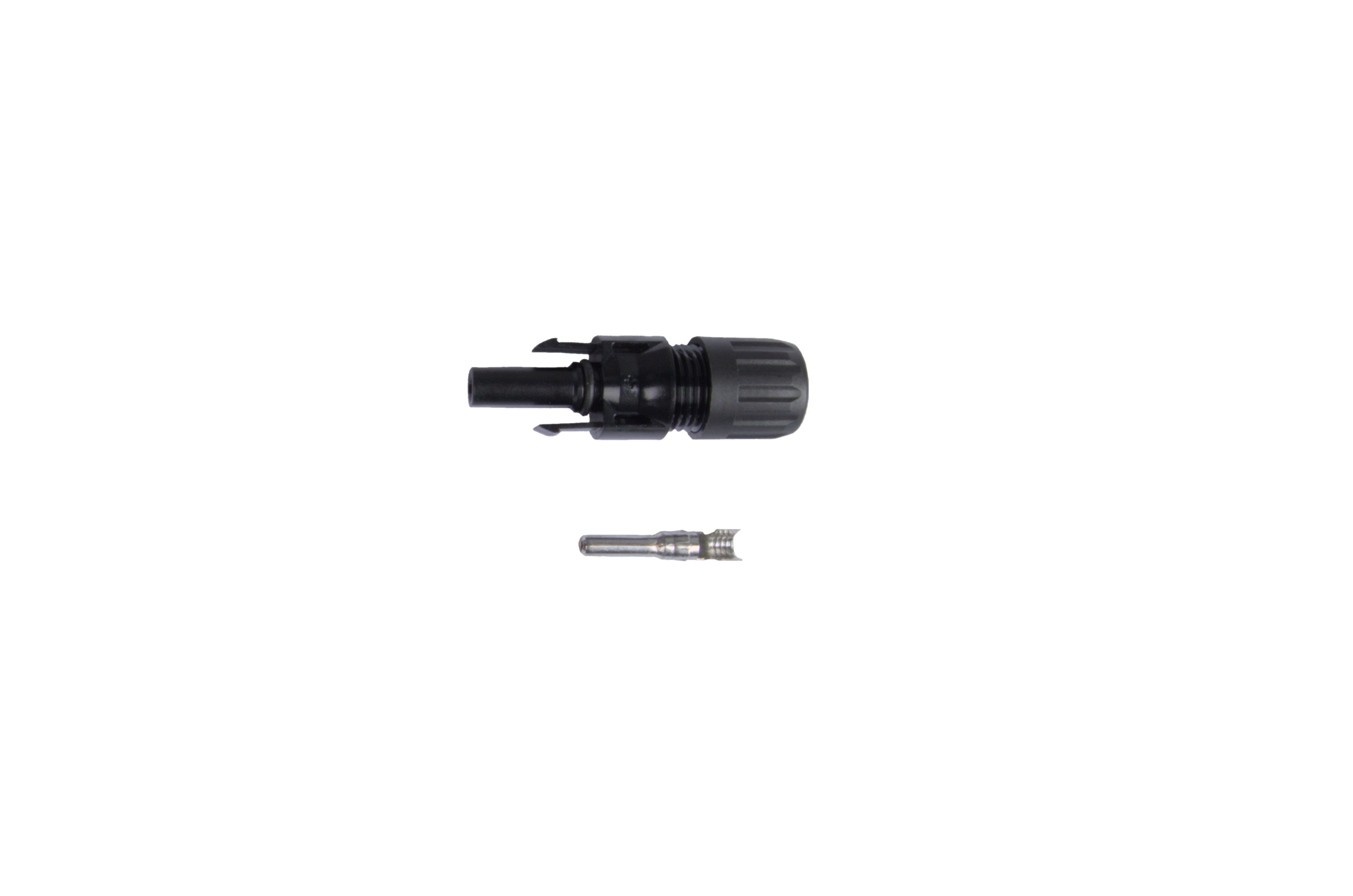 MC4 Stecker+ MC4 Stecker und Kontaktstift, nebeneinander liegend, für die Verbindung von Solarmodulen in Photovoltaikanlagen.