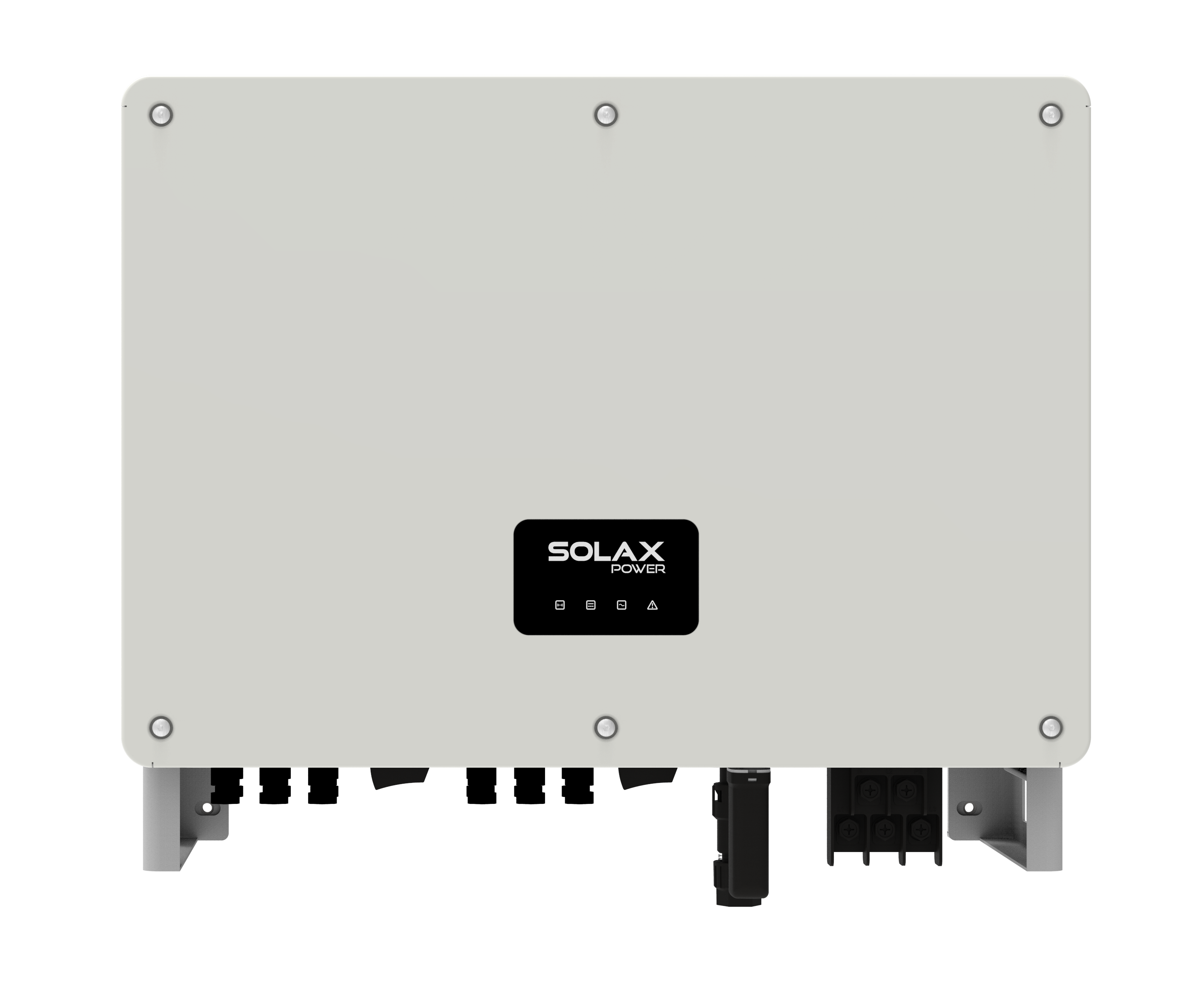 Solarwechselrichter MEGA  Solax NetzwechselrichterX3 MEGA G2 front: Frontansicht eines Solax Netzwechselrichters mit Anschlüssen und Kontrollleuchten.