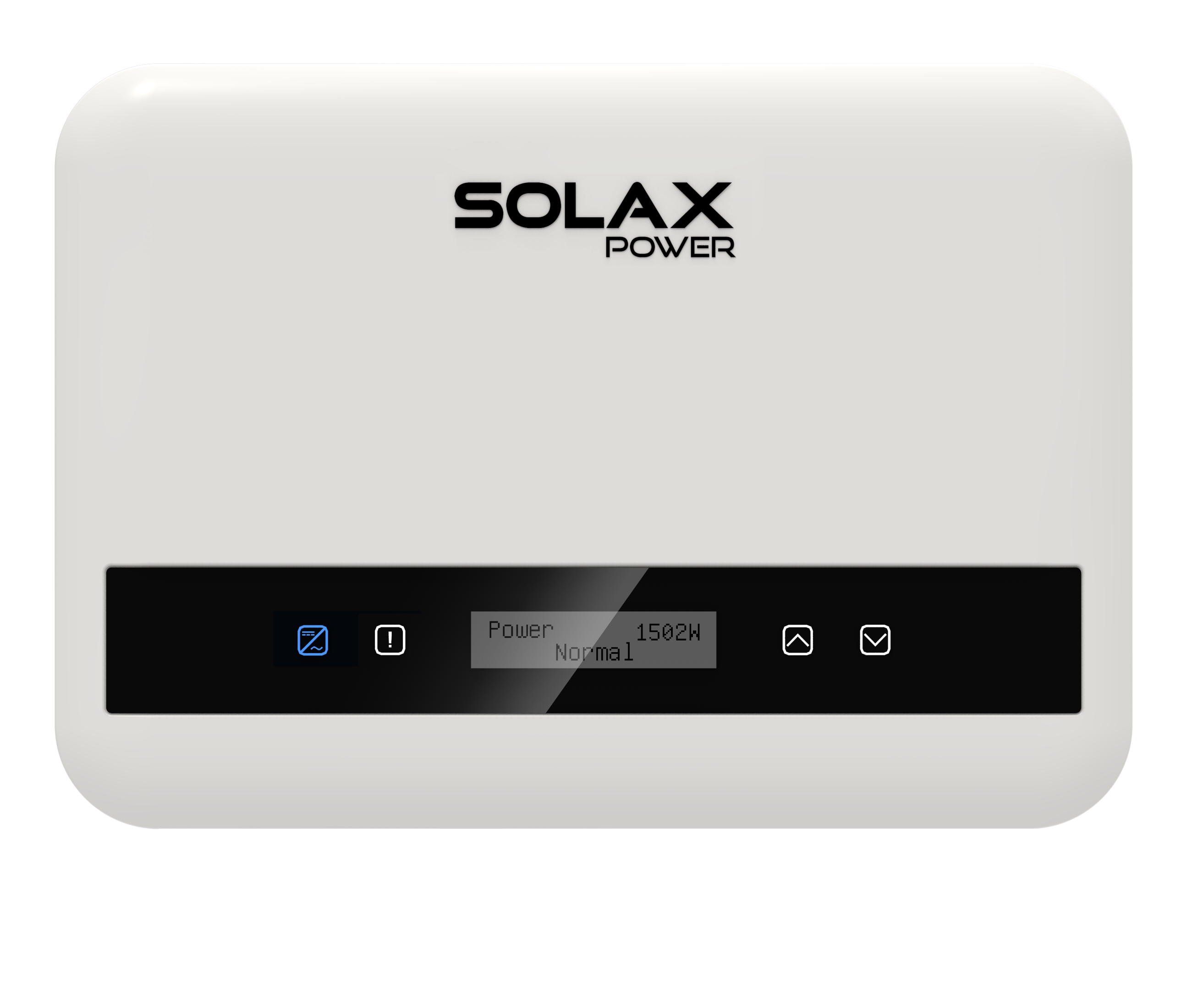 Solax Wechselrichter X1 MINI  Frontalansicht Solax Wechselrichter X1 MINI in Frontalansicht mit Display und Symbolen für Leistung, Normalmodus, WLAN.